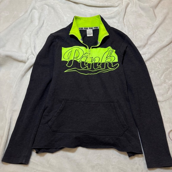 PINK Victoria's Secret Quarter Zip Sweatshirt Neon Green Logo Graphic Size Small - Picture 3 of 9